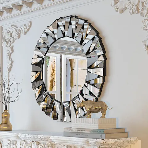 BOXED ALBANA ROUND WOOD FRAMED WALL MOUNTED ACCENT MIRROR IN SILVER