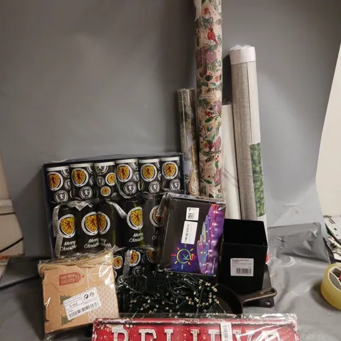 APPROXIMATELY 20 ASSORTED HOUSEHOLD ITEMS TO INCLUDE CHRISTMAS CRACKERS, WALLPAPER, LED STRIP LIGHTS, WRAPPING PAPER