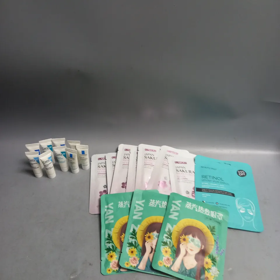 BOX OF APPROXIMATELY 20 COSMETIC ITEMS TO INCLUDE - cerave skin care samples - japan sakura face masks - ETC 