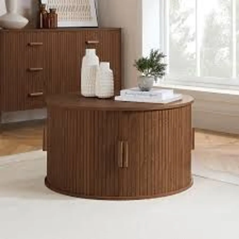 BOXED BIRLEA AXEL ROUND FLUTED COFFEE TABLE WITH STORAGE - WALNUT (1 BOX)