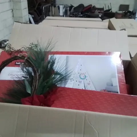 PALLET CONTAINING A LARGE QUANTITY OF ASSORTED CHRISTMAS DECORATIONS AND PRODUCTS TO INCLUDE;BOTTLR BRUSH LED TREE,COLOUR IN CARDBOARD CHRISTMAS TREE,CHRISTMAS WREATH
