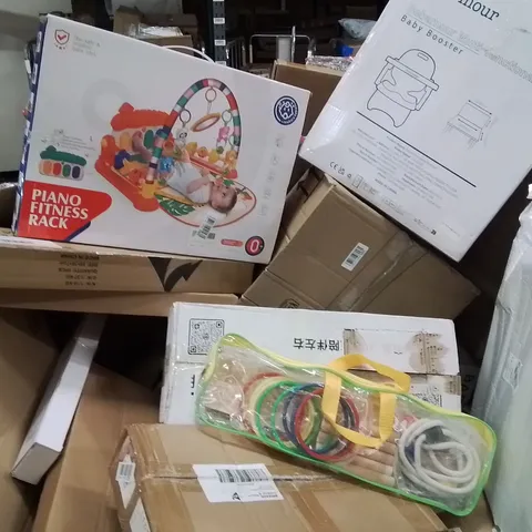 PALLET CONTAINING VARIOUS ASSORTED BOXED HOUSEHOLD ITEMS TO INCLUDE: LAWN GAMES, CHILD'S HIGH CHAIR, FOLDING CAMPING CHAIR, BABYBPLAY MAT AND LOTS MORE UNMARKED BOXED ITEMS