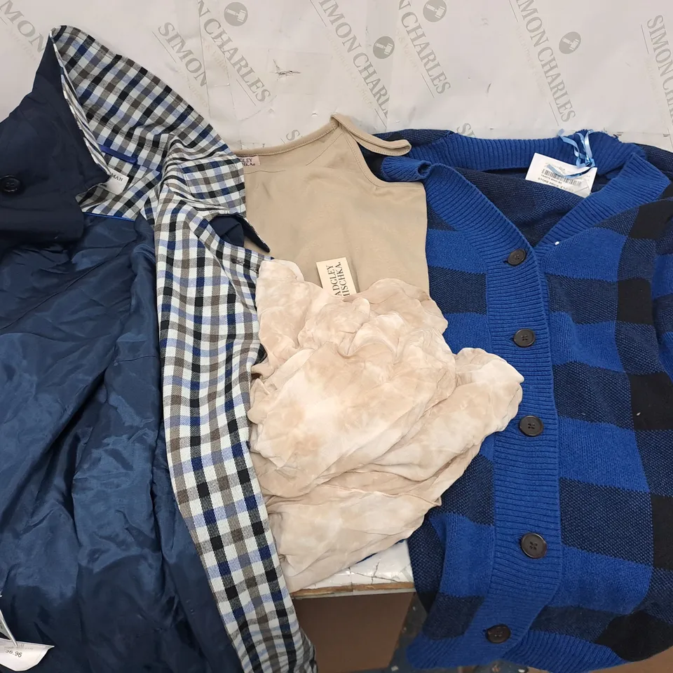 LARGE BOX OF ASSORTED CLOTHING TO INCLUDE JACKETS, TOPS, DRESSES, ETC