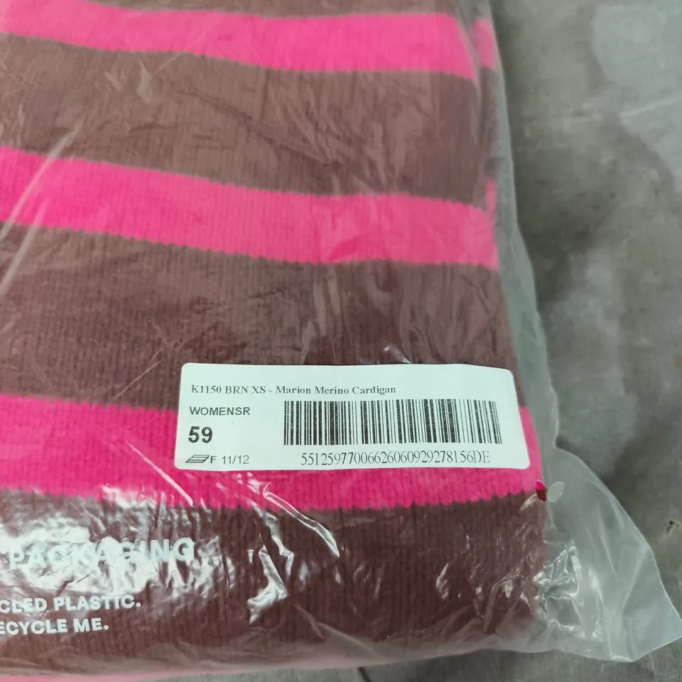 BODEN MARION MERINO CARDIGAN, BROWN WITH PINK STRIPES, WOMEN'S XS (UK 6-8)