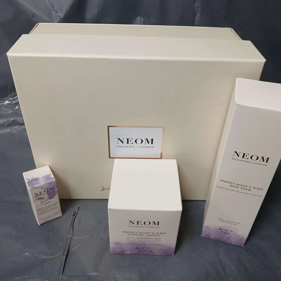 BOXED NEOM PERFECT NIGHTS SLEEP TRIO SET TO INCLUDE BATH FOAM (200ml), SCENTED CANDLE (185g), ESSENTIALS OILS BLEND (10ml)