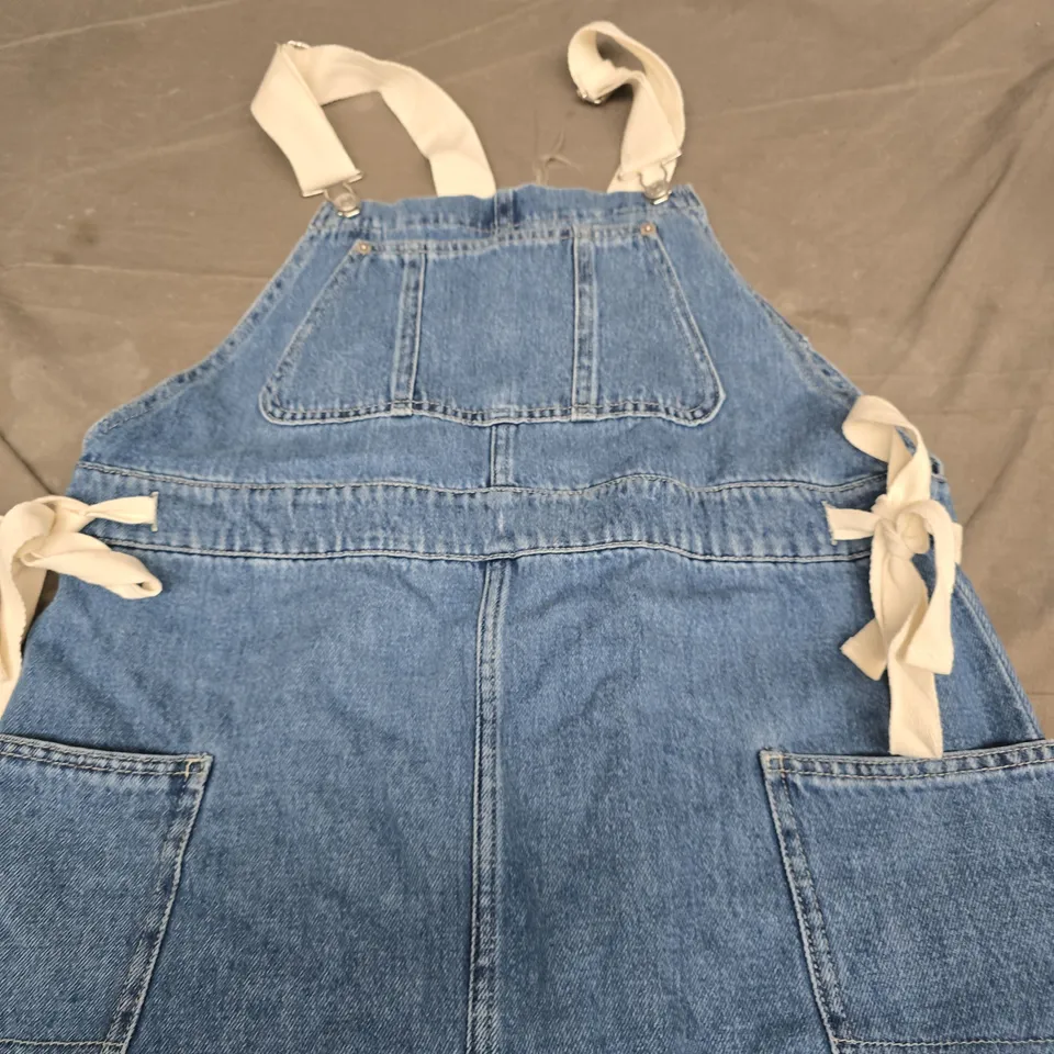 MONKL DENIM PINAFORE DRESS WITH WHITE RIBBON STRAPS SIZE M