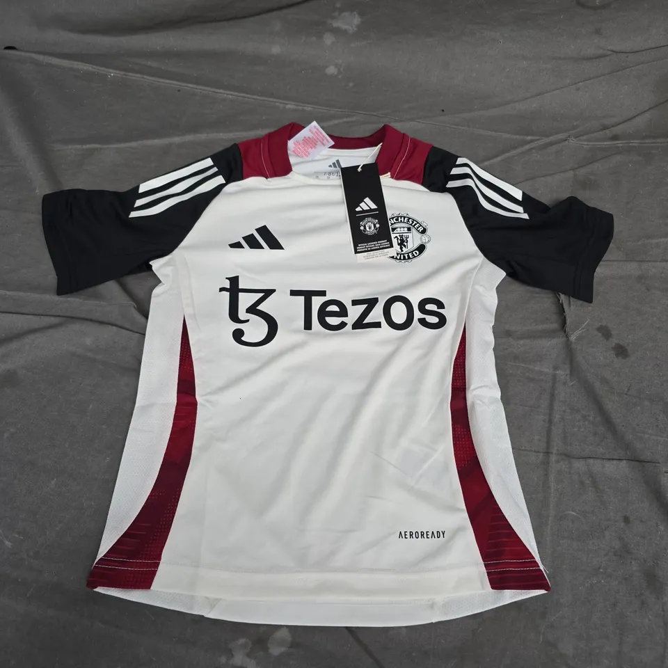 MANCHESTER UNITED FC KIDS FOOTBALL SHIRT – WHITE HOME JERSEY, ADIDAS, TEZOS SPONSOR (UK 7-8)