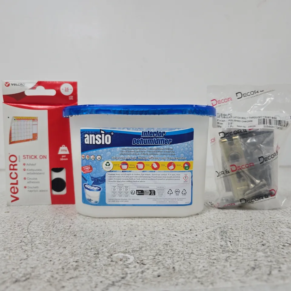 APPROXIMATELY 10 ASSORTED HOUSEHOLD ITEMS TO INCLUDE INTERIOR DEHUMIDIFIER, VELCRO STICK-ON ADHESIVE, ETC