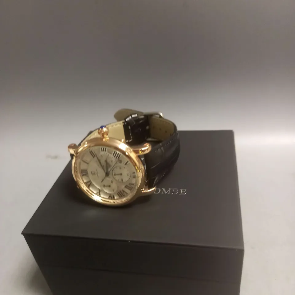 BOXED LOUIS LACOMBE TEXTURED STRAP WRIST WATCH IN BLACK/GOLD