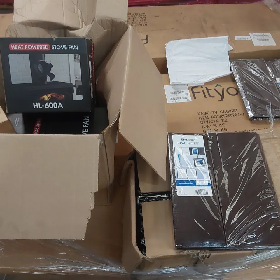 PALLET CONTAINING ASSORTED FITYOU TV CABINET PARTS AND OTHER ITEMS INCLUDING: IPAD CASES, HEAT POWERED STOVE FANS ECT