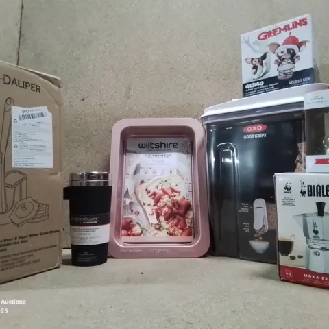 BOX TO CONTAIN ASSORTED HOUSEHOLD GOODS AND PRODUCTS TO INCLUDE; BIALETTI ESPRESSO MAKER, OXO CEREAL CONTAINER, WILTSHIRE BAKING TRAY