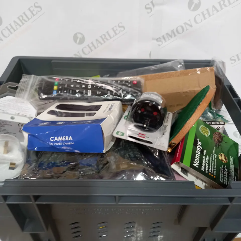 BOX TO CONTAIN APPROX 30 ASSORTED HOUSEHOLD PRODUCTS, INCLUDES TV REMOTE, INSECT KILLER, PC PART ETC 