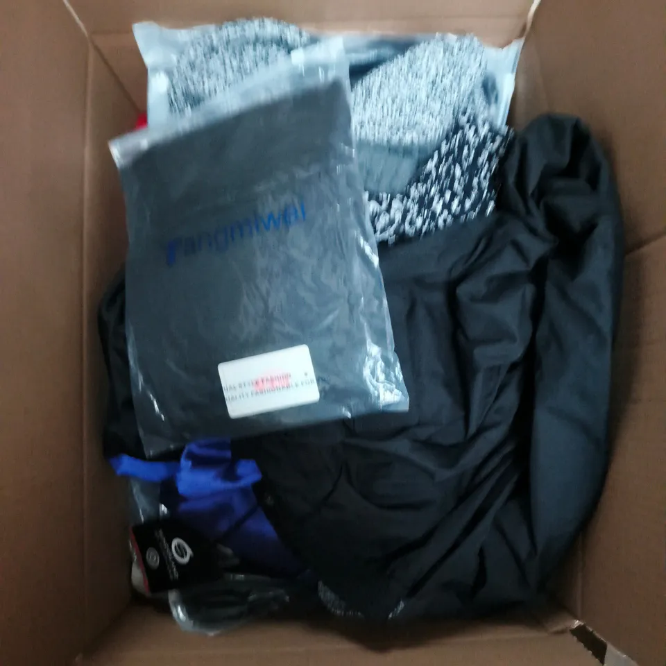 LARGE BOX OF APPROXIMATELY 25 ASSORTED CLOTHING ITEMS IN VARIOUS COLOURS, STYLES AND SIZES - COLLECTION ONLY
