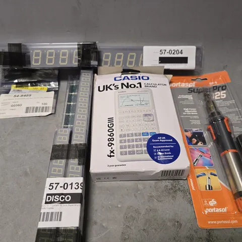 BOX OF APPROXIMATELY 15 ASSORTED ELECTRICAL ITEMS TO INCLUDE - CASIO CALCULATOR , PORTASOL SUPERPRO 125 , CATHDODE DISPLAY ETC