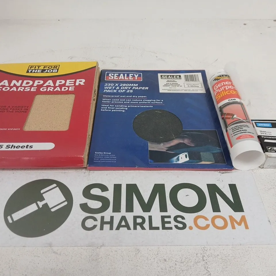 APPROXIMATELY 15 ASSORTED HOUSEHOLD PRODUCTS TO INCLUDE SANDPAPER COARSE GRADE (25 SHEETS); SEALEY WET & DRY PAPER PACK (25); GENERAL-PURPOSE SILICONE SEALANT; DYMO LABEL TAPE