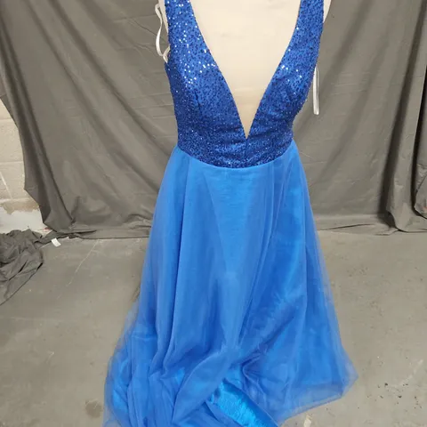 WHITE ROSE BODYSUIT SEQUIN PLUNGE PROM DRESS IN ROYAL BLUE SIZE 14