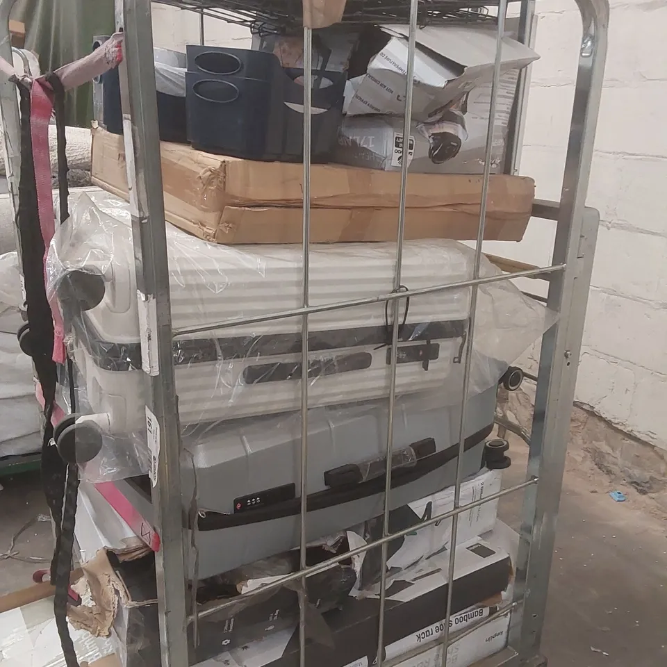 CAGE CONTAINING A LARGE QUANTITY OF ASSORTED ITEMS INCLUDING: AIR FRYER, SUITCASES, BAMBOO SHOE RACKS ECT // CAGE NOT INCLUDED