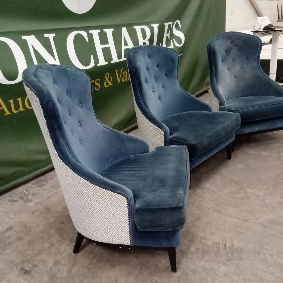 SET OF 3 QUALITY DESIGNER WING BACK VELVET CHAIRS