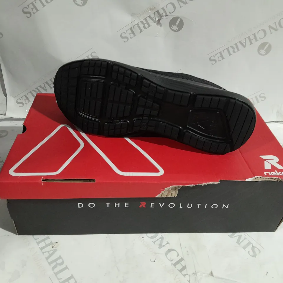 BOX OF 6 PAIRS OF RIEKER BLACK TRAINERS SIZE 5