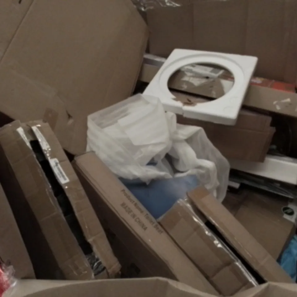 PALLET OF ASSORTED ITEMS INCLUDING ELECTRICAL FIREPLACE HEATER, LED PANEL LIGHT, RETRACTABLE SAFETY GATE, FOLDING DRYING G RACK, TOILET SEAT, ROUND STOOL