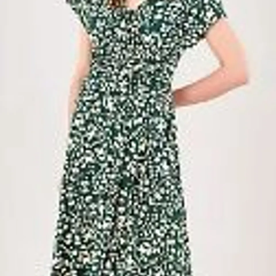 MONSOON BLAKE FLORAL SHORT SLEEVE ABSTRACT MIDI DRESS DARK GREEN MEDIUM
