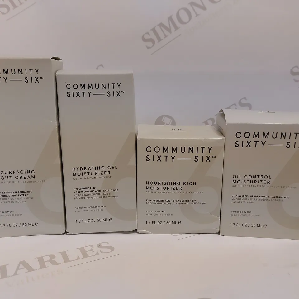 LOT OF 4 ASSORTED COMMUNITY SIXTY SIX PRODUCTS TO INCLUDE RESURFACING NIGHT CREAM 50ML, OIL CONTROL MOISTURIZER 50ML, NOURISHING RICH MOISTURIZER, ETC 