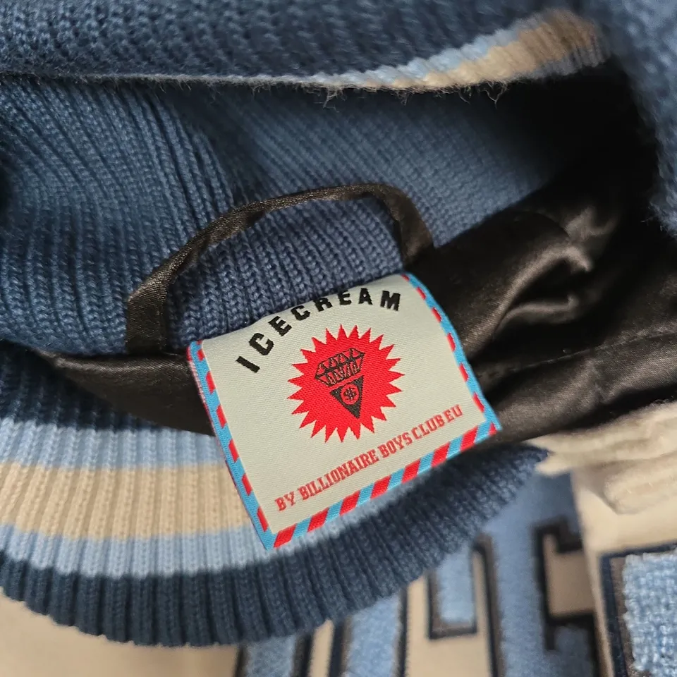 ICE CREAM BY BILLIONAIRE BOYS CLUB VARSITY JACKET – BLUE/CREAM, UK XL