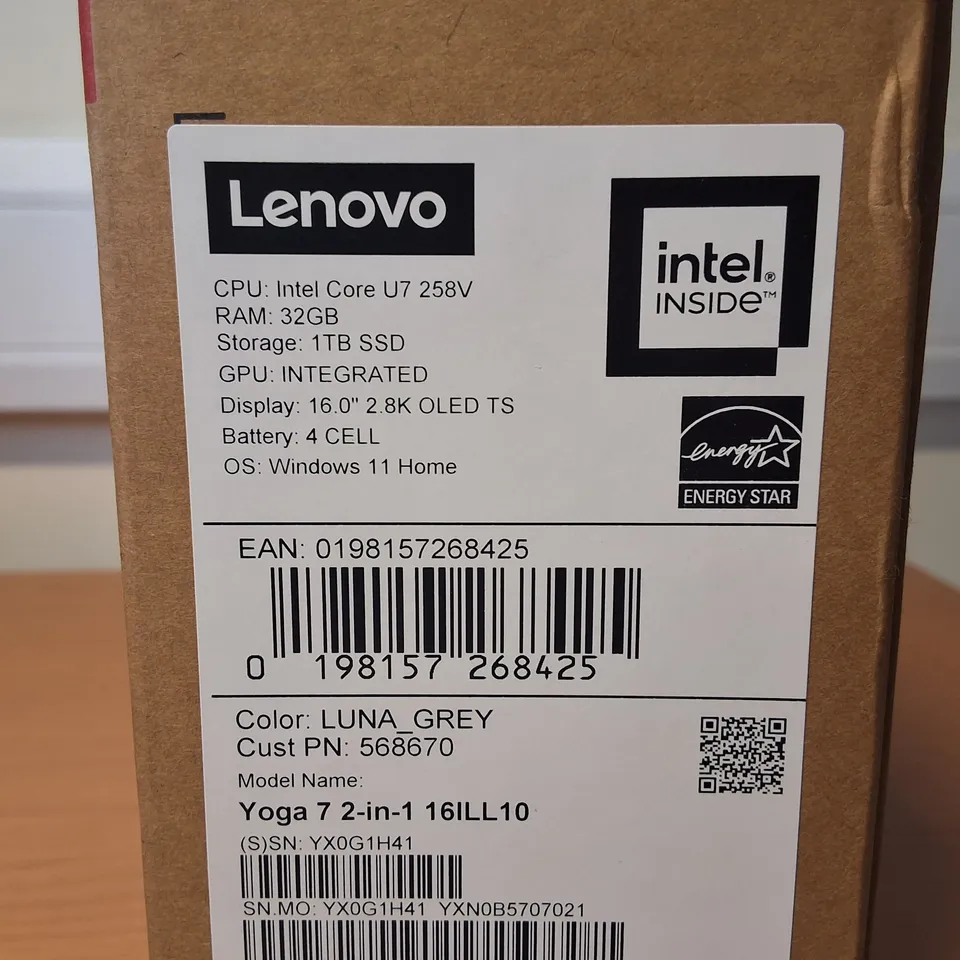 BOXED LENOVO YOGA 7 32GB RAM 1TB SSD INTEL CORE U7 LAPTOP IN SILVER - 16ILL10