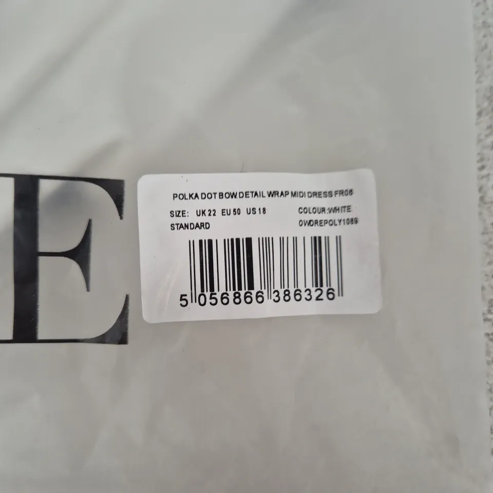 DESERVE POLKA DOT BOW DETAIL WRAP MIDI DRESS – WHITE, UK 22 (EU 50, US 18) – NEW IN PACKAGING