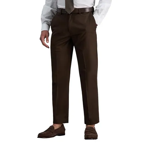 HAGGAR MEN'S PREMIUM NO IRON CLASSIC FIT EXPANDABLE WAIST PLAIN FRONT PANT IN CHOCOLATE 36W X 29L