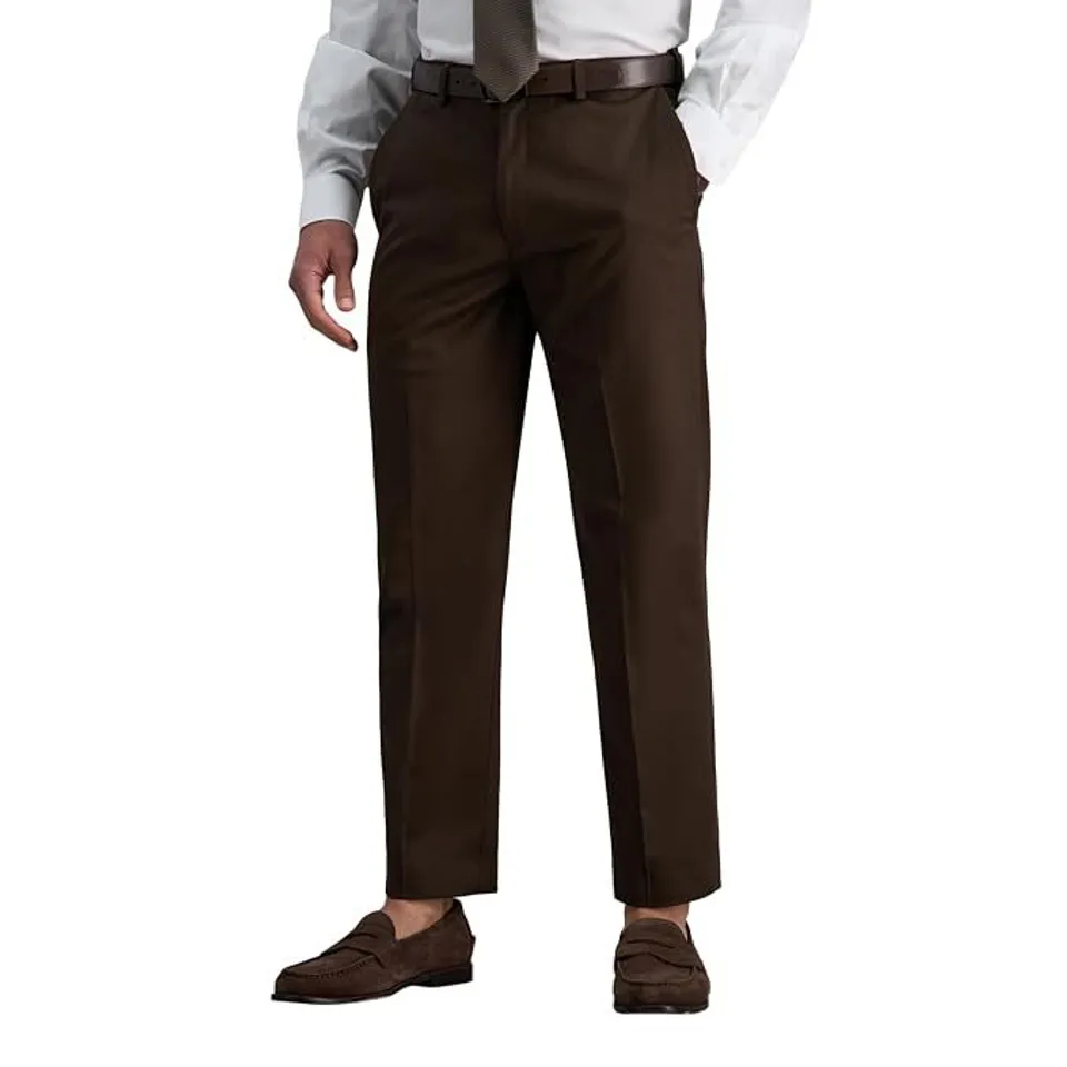 HAGGAR MEN'S PREMIUM NO IRON CLASSIC FIT EXPANDABLE WAIST PLAIN FRONT PANT IN CHOCOLATE 36W X 29L