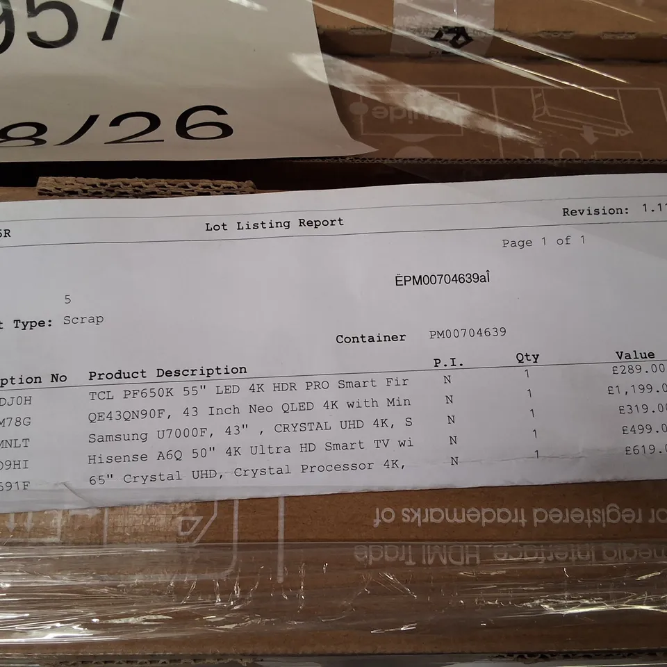 PALLET CONTAINING 5 ASSORTED DAMAGED TVS