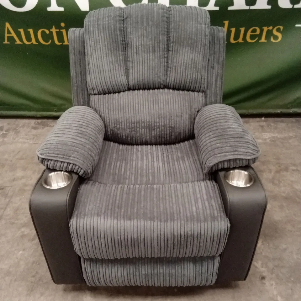 DESIGNER GREY CORDUROY FABRIC & FAUX LEATHER POWER RECLINER CHAIR WITH CUP HOLDERS