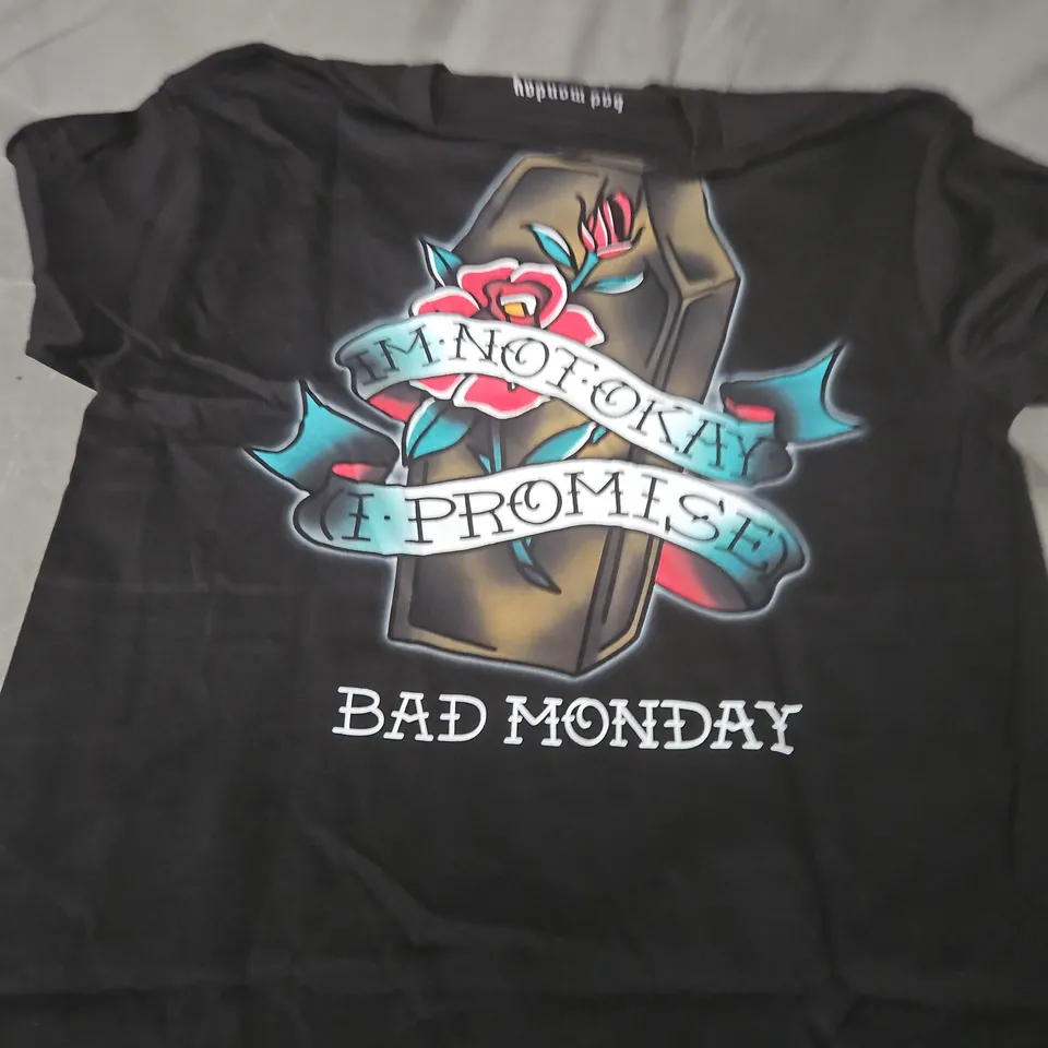 BAD MONDAY T-SHIRT – BLACK WITH COFFIN/ROSE BACK PRINT AND SMALL CHEST LOGO - MEDIUM