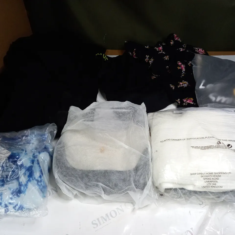 BOX OF ASSORTED CLOTHING ITEMS TOO INCLUDE JUMPERS, SHIRTS AND TROUSERS IN VARIOUS SIZES AND COLOURS   