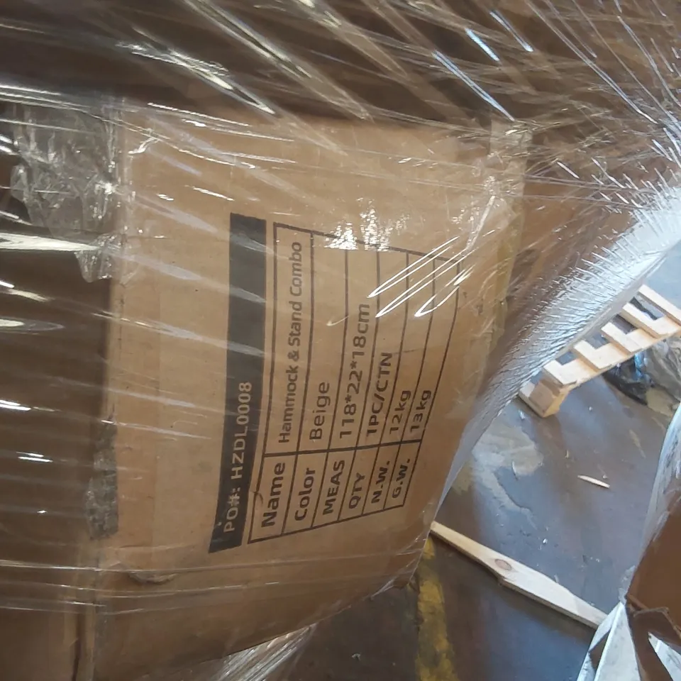 PALLET CONTAINING A VERY LARGE QUANTITY OF ASSORTED ITEMS INCLUDING: CAMPING CHAIR, BATHROOM FLOOR CABINET, HAMMOCK & STAND COMBOS ECT