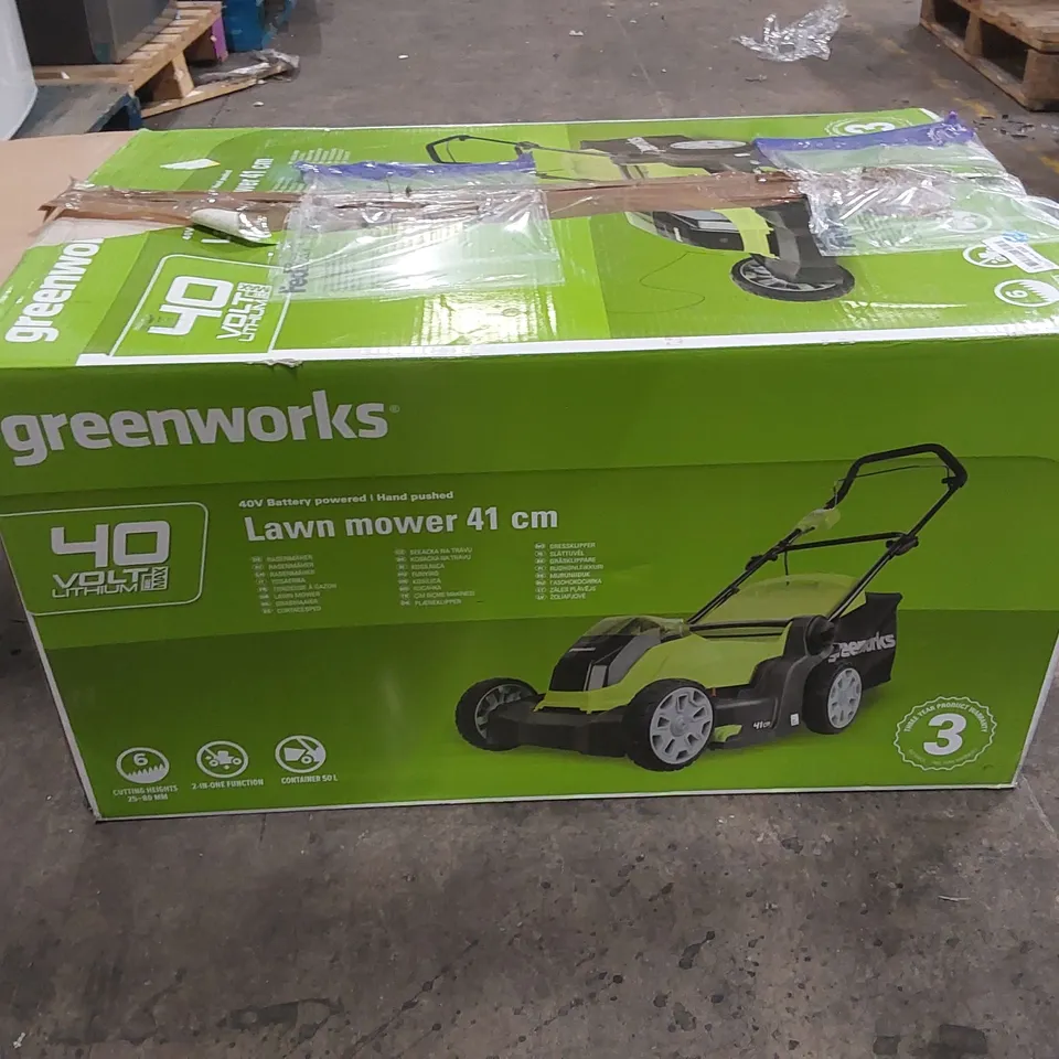 BOXED GREENWORKS 40V ELECTRIC 41CM LAWN MOWER 