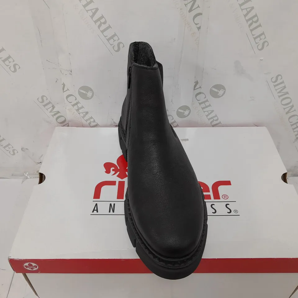 BOXED PAIR OF RIEKER CHUNKY ANKLE BOOTS IN BLACK - SIZE 6