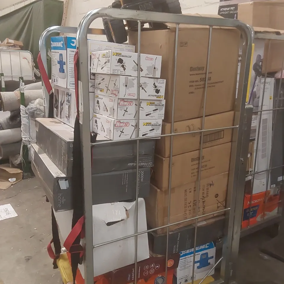 CAGE CONTAINING A LARGE QUANTITY OF ASSORTED ITEMS INCLUDING: TOWER VACUUM CLEANER, DAEWOO AIR COOLER, SILVERLINE ORBITAL POLISHER, CONVECTOR HEATER ECT // CAGE NOT INCLUDED