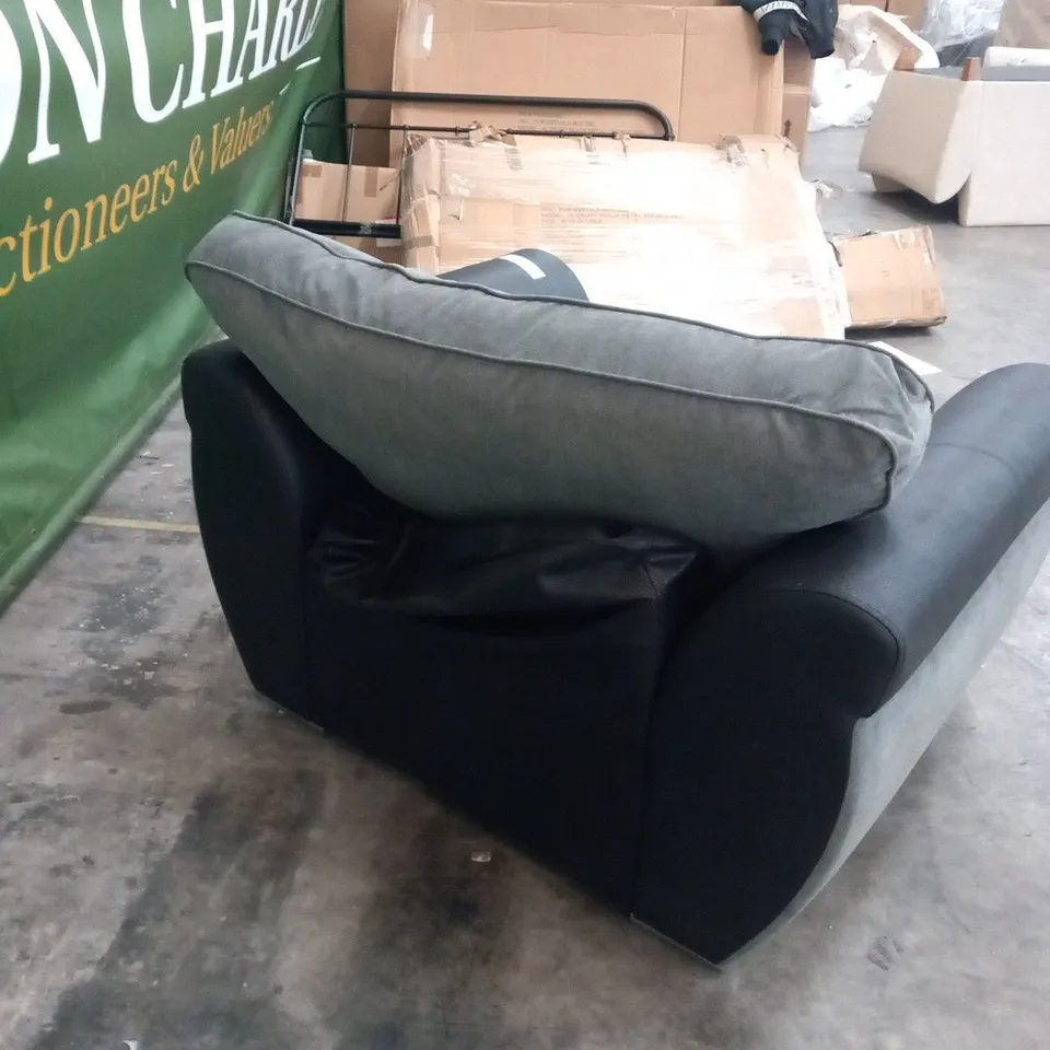 DESIGNER GREY FABRIC AND BLACK SUEDE EFFECT ARM CHAIR