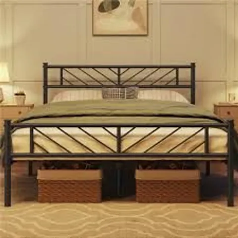 BOXED YAHEETECH MINIMALIST METAL SLATTED BED PLATFORM WITH ARROW DESIGN HEADBOARD - 135CM DOUBLE, BLACK (1 BOX)