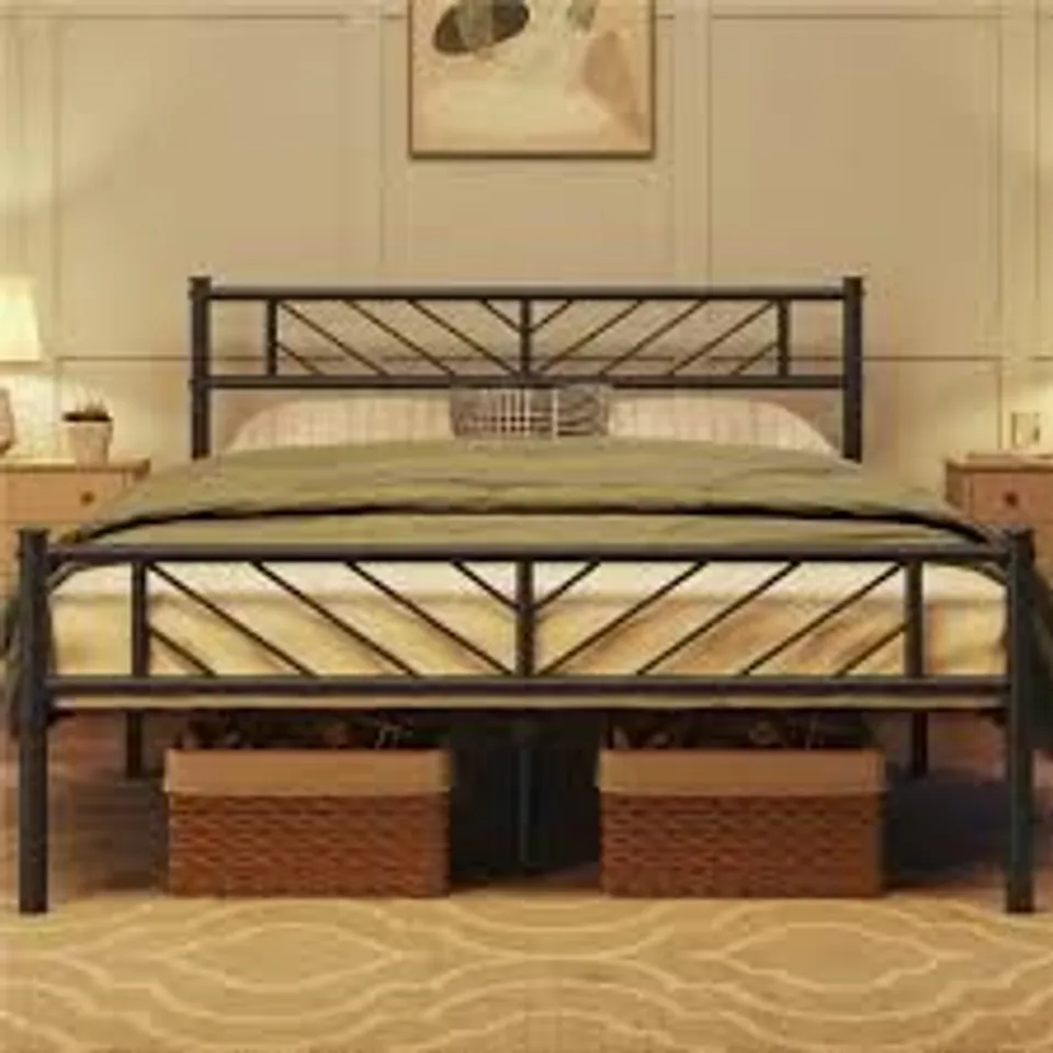 BOXED MINIMALIST METAL SLATTED BED PLATFORM WITH ARROW DESIGN HEADBOARD 