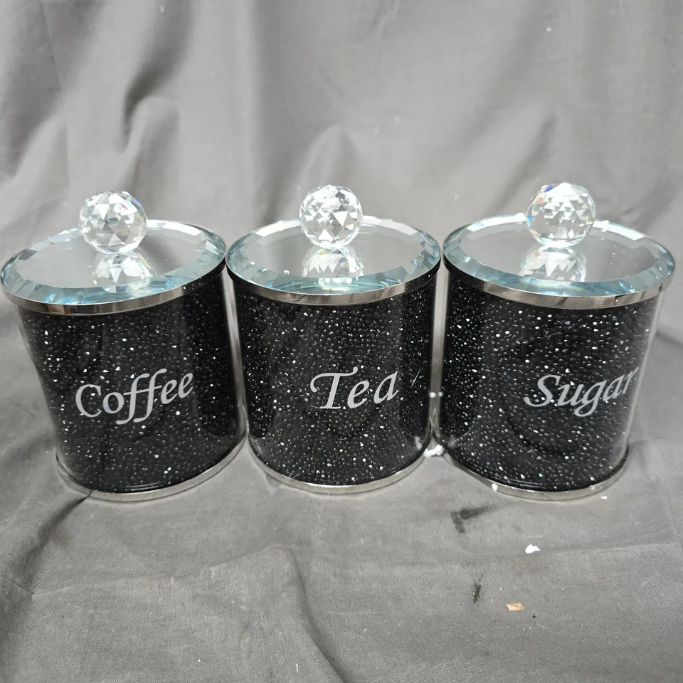 SET OF 3 GLITTERY BLACK COFFEE, TEA & SUGAR CANISTERS WITH GLASS LIDS