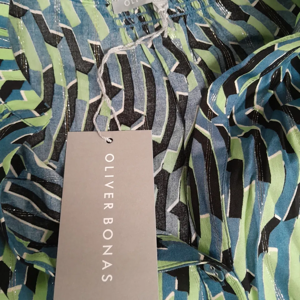 OLIVER BONAS BLUE GREEN SHIFTED GEO MINI DRESS - SIZE 12