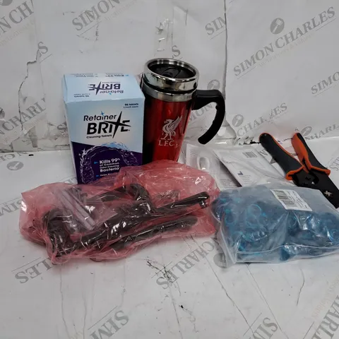 BOX OF ASSORTED HOUSEHOLD ITEMS TOO INCLUDE MUGS , TOOLS AND CLEANING PRODUCTS
