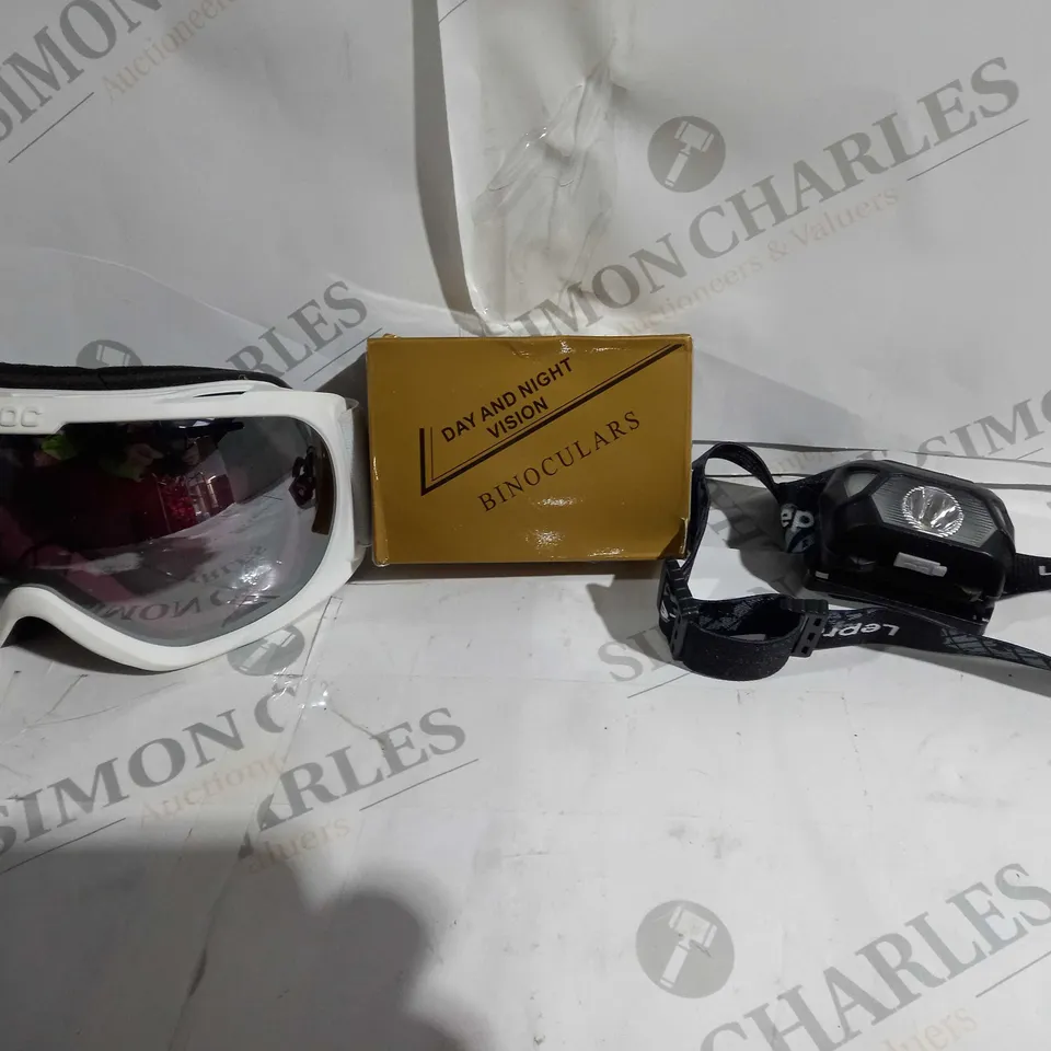 APPROX 15 HOUSEHOLD ITEMS TO INCLUDE SKI GOGGLES, HEAD LAMP, BINOCULARS