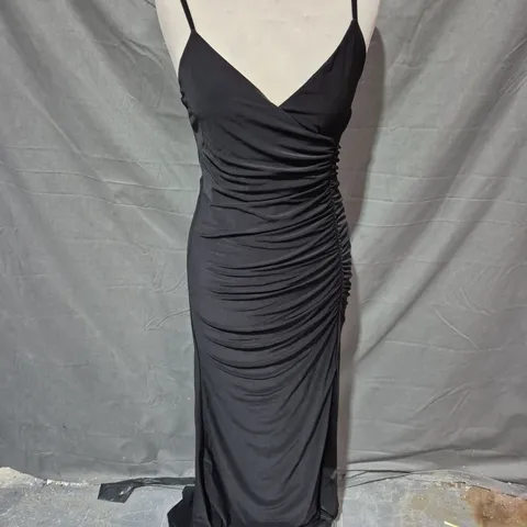 CLUB LONDON PLUNGE RUCHED CAMI MAXI DRESS WITH SPLIT IN BLACK SIZE 10