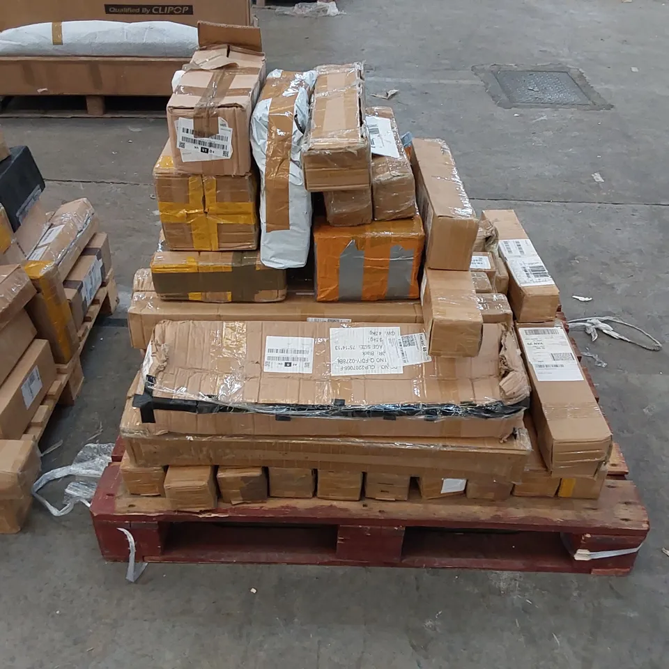 PALLET TO CONTAIN A LARGE QUANTITY OF BOXED CHAIR LEGS. COLOURS AND MODELS VARY