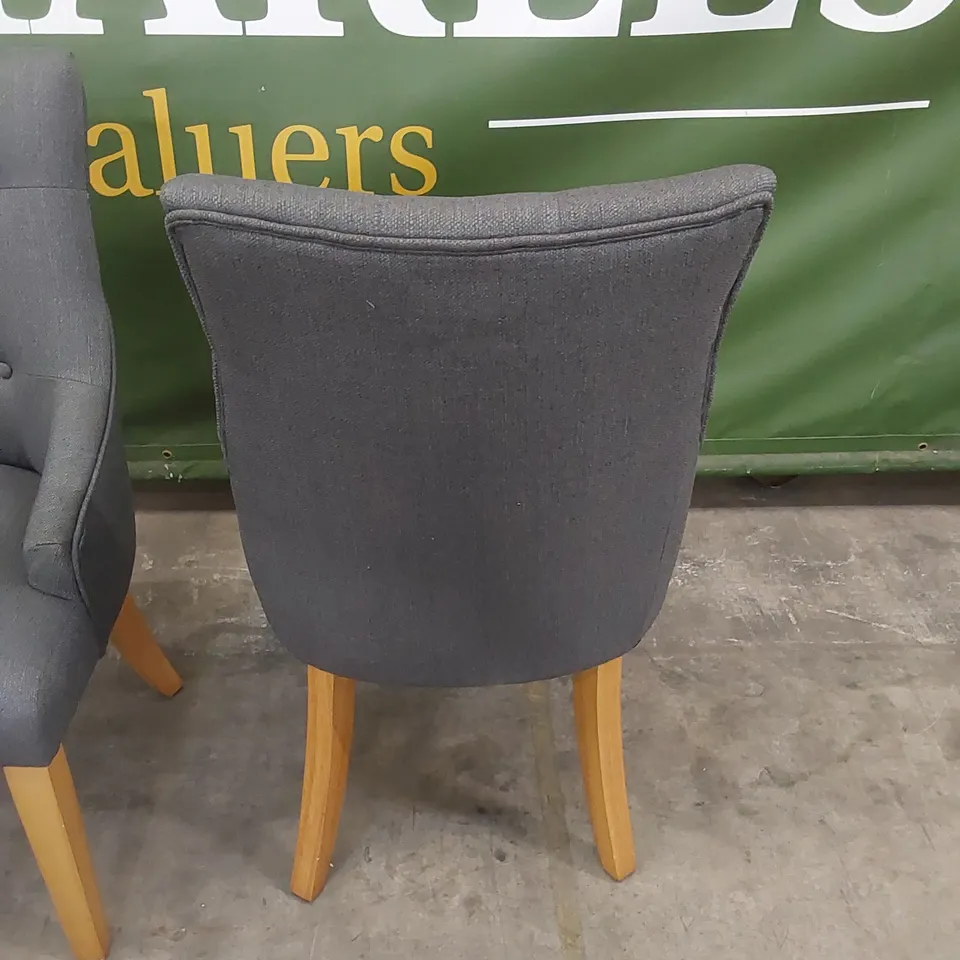 SET OF 2 DUKE SLATE FABRIC BUTTON BACK DINING CHAIRS WITH OAK LEGS 