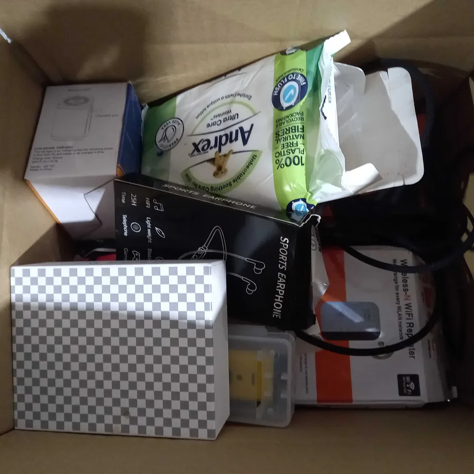 BOX OF APPROXIMATELY 10 ASSORTED HOUSEHOLD ITEMS TO INCLUDE WIRELESS EARBUDS, SMART POSTURE CORRECTOR, TYRE PRESSURE MONITOR, ETC